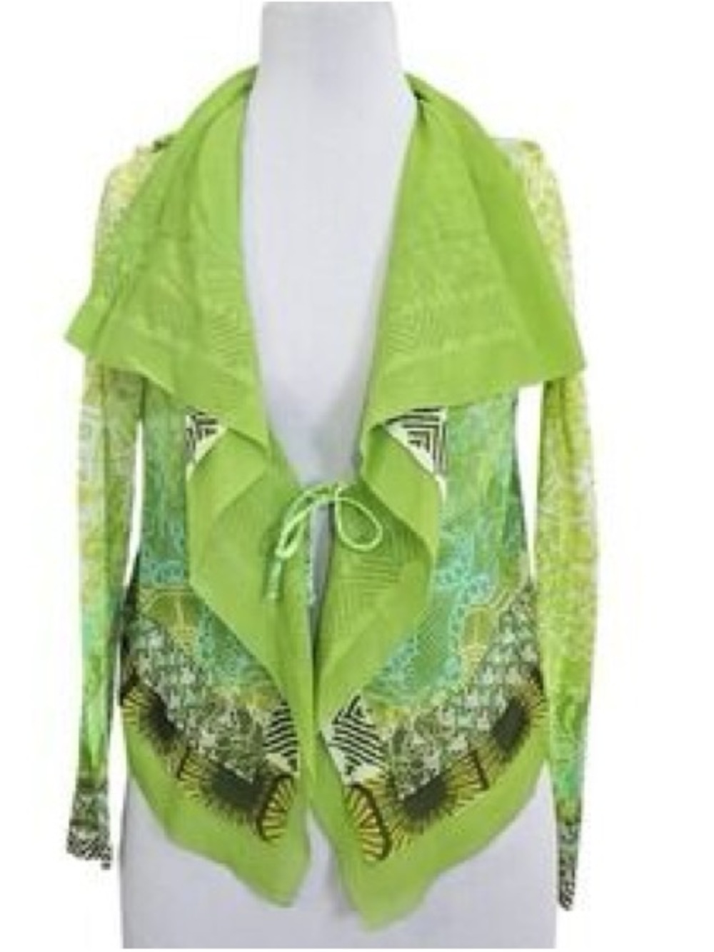 Fuzzi Green Apple Abstract Print Mesh Open-Front Ruffle Cardigan size Large
